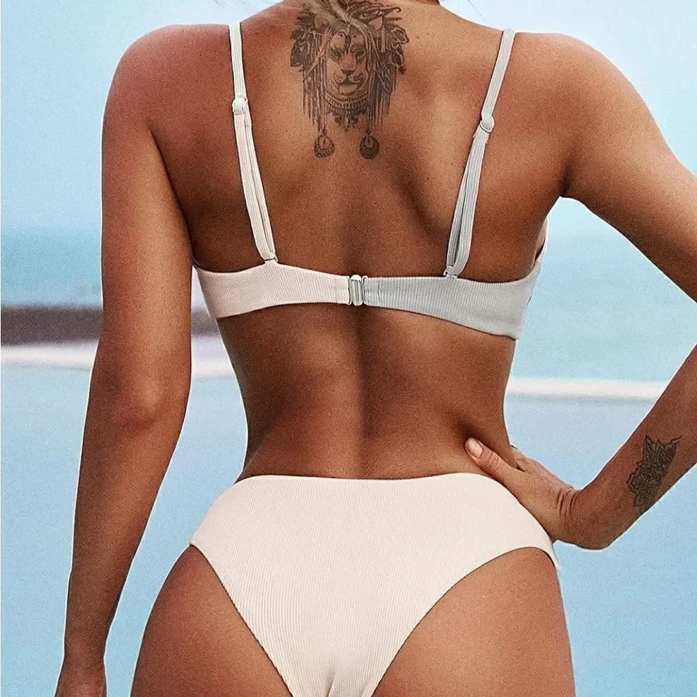 Two Tone Ribbed O-Ring Bikini Bathing Suit